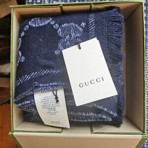 NIB Gucci Monogram Wool Wrap, Navy, 45cm x 195cm